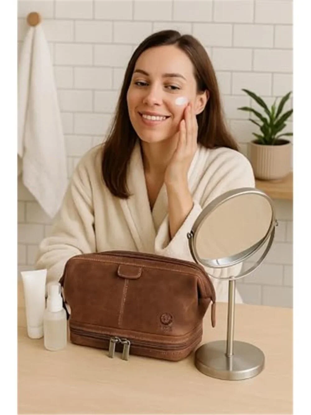 Mens Full Grain Leather Toiletry Bag Travel Dopp Kit Shaving Organizer Wash Bag